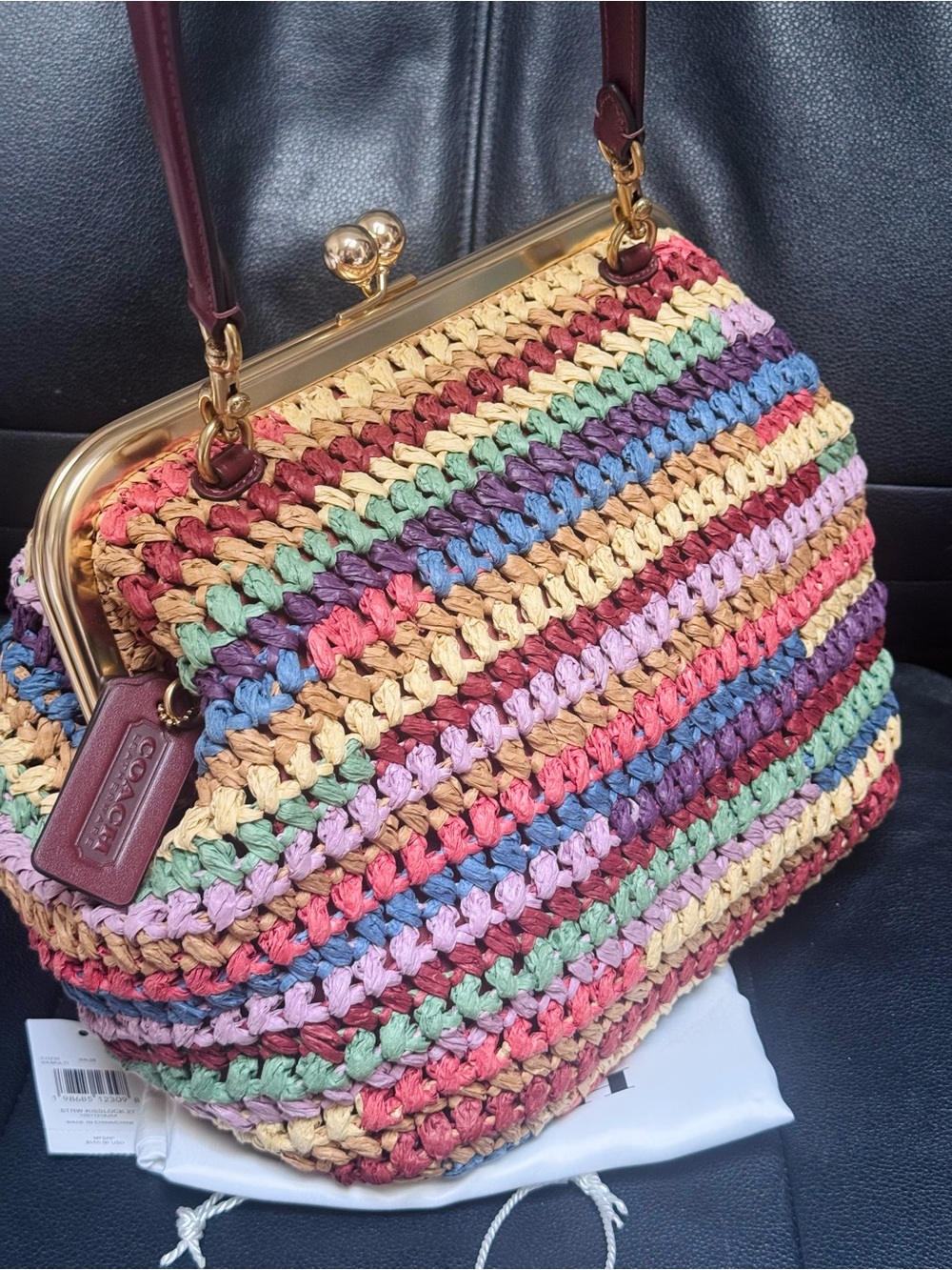 NWT COACH MULTICOLOR STRAW LARGE KISSLOCK 27 BAG CDZ29 In Multi - Picture 4 of 13